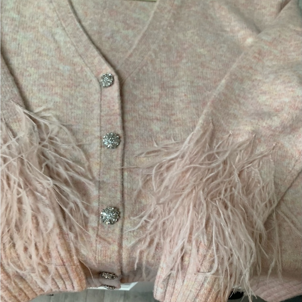 Cinq A Sept. BNWOT! Peach Brianna ostrich feather-embellished cardigan. - Picture 3 of 7